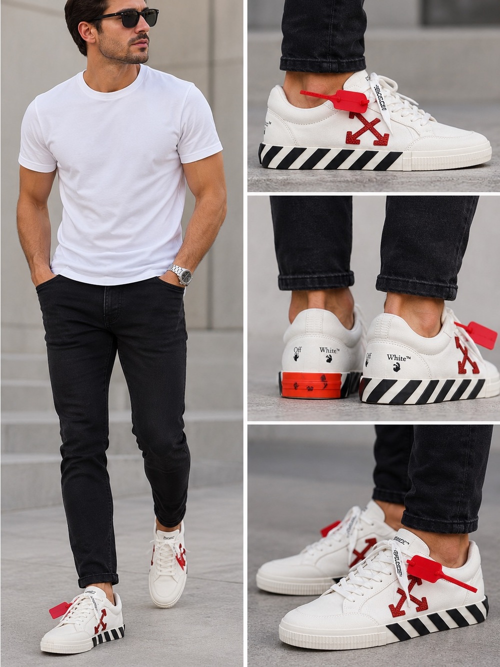 Off-White White Low-Top Sneaker with Red Arrow and Black Stripe Sole